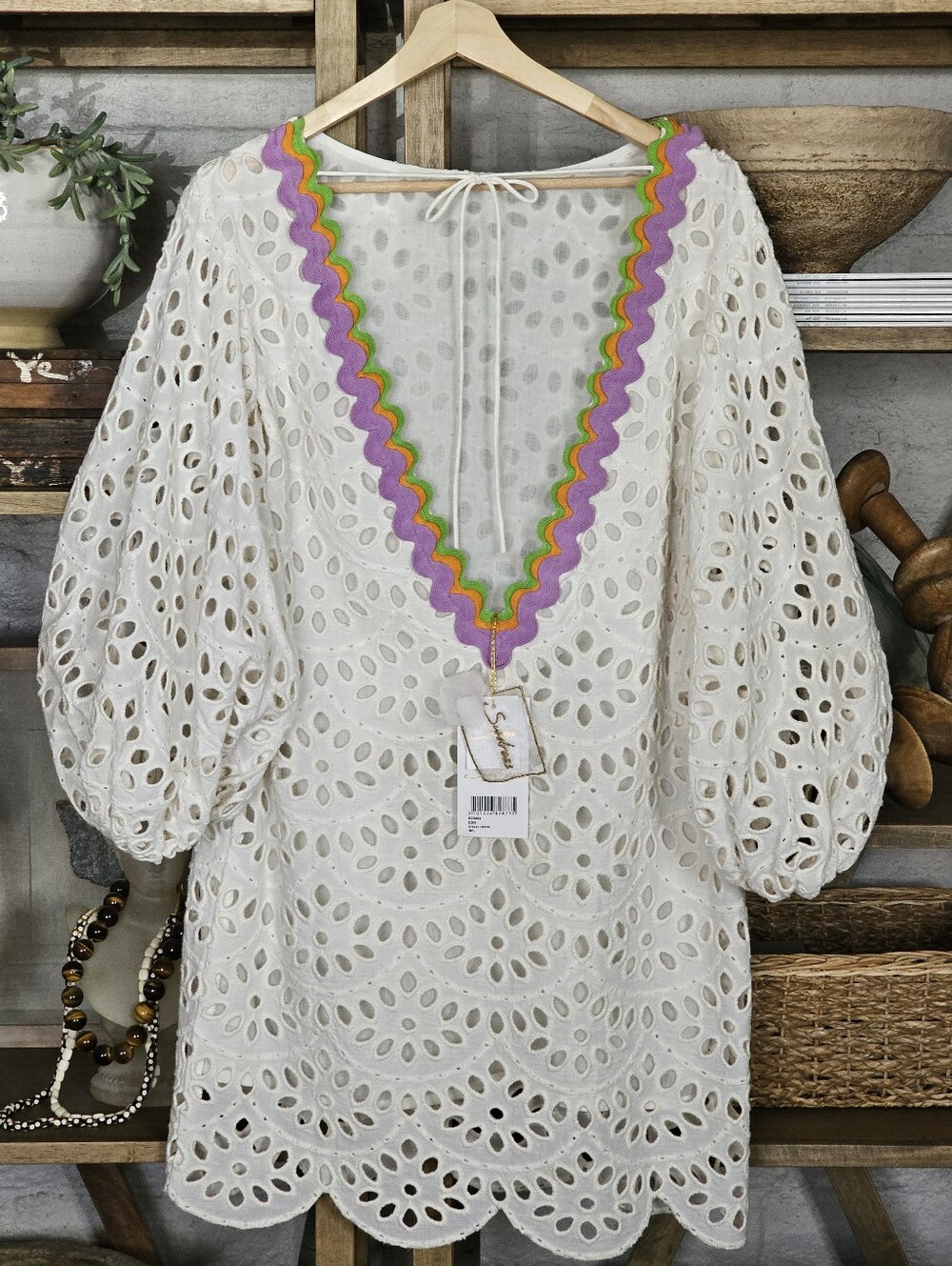 Sundress Edo Cotton Eyelet Babydoll Mini Dress V Plunging Neckline Ric Rac Trim - Picture 11 of 16
